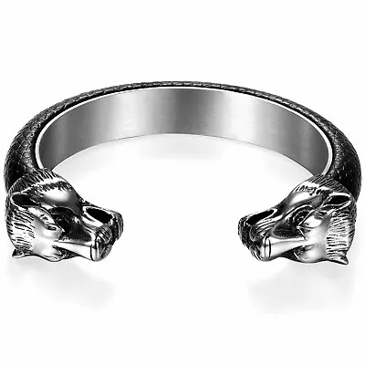 Men's Elastic Stainless Steel Black Leather Wolf Head Open Cuff Bangle Bracelet • $16.99