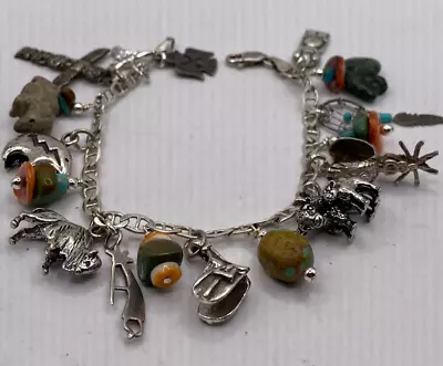 Vintage Sterling & Turquoise Mexican Southwest Charm Bracelet - 7   -  29.57g • $145