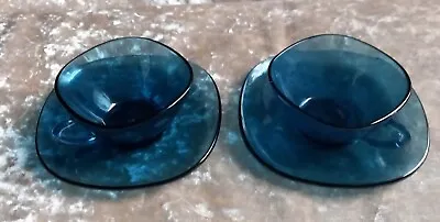 £12 • Buy 2 X Vintage Vereco France Blue Glass Square Coffee Cups & Saucers French