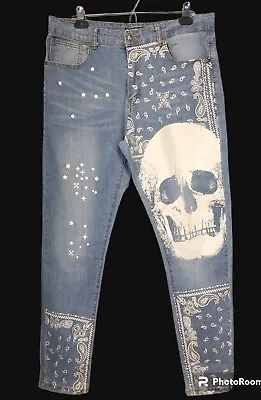 TR Premium Men's Jeans Size 36x32 Skinny Fit Skull Paisley Stretch Denim Jeans • $24.99