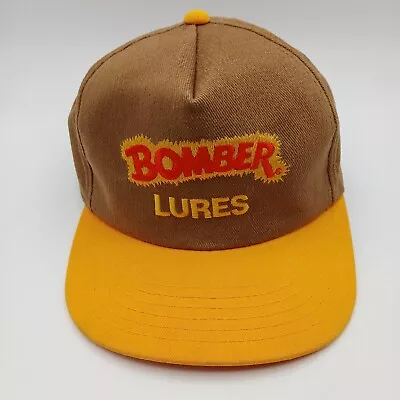 Vintage Bomber Lures Fishing Hat Advertising Cap Snapback Brown Yellow Red USA • $24.99
