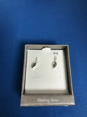 M & S Sterling Silver Green Shell Design Drop Earrings • £8.50
