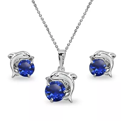 Created Blue Sapphire Dolphin 925 Silver Pendant Necklace & Stud Earrings Set • $29.99