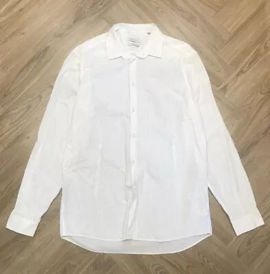 Calvin Klein Button Down White Spotted Formal Slim Fit Long Sleeve Shirt Mens L • £6