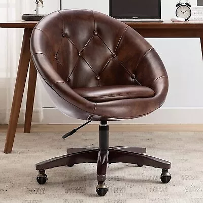 Home Office Chair Mid-century Modern Swivel Desk Chair Round PU Leather Tufted • $170.99