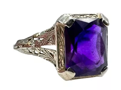 14k White Gold Art Deco Filigree Amethyst Ring Size 8 • $147.50