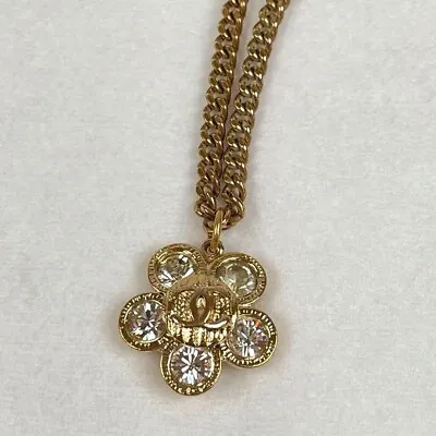 CHANEL Flower COCO Mark Crystal Stone Pendant Necklace Gold Auth Women Used • £407.24