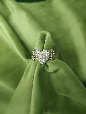 Vintage Rhinestone Heart Silver Tone Stretch Ring SZ: 6+ Costume Jewelry • $6