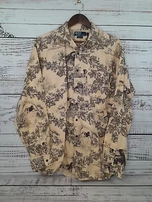 Vintage 90s Polo Ralph Lauren Shirt Mens Large Marlowe Beige Dogs All Over Print • $69.29