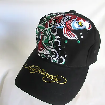 Vtg New Hat Cap Ed Hardy Koi Fish Fingerwaves Stitch Embroidered Strap Black • $99.95