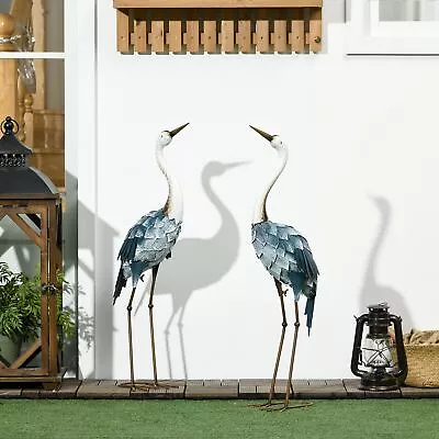 Outsunny 2PCs Crane Garden Statues Metal Yard Art Bird Sculptures Blue • $61.99