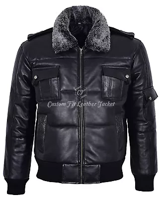 Pilot 8 Puffer Men's Black Fur Collar Bomber Air Force 100 % Real Leather Jacket • $148.10