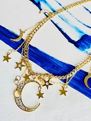 £59.99 • Buy Moon Stars Tassel Sparkling Crystal Statement Choker Necklace, Gold, Swarovski