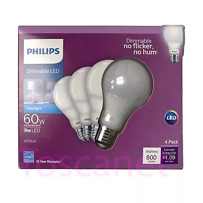 4 Pack Philips 60 Watt Equivalence A19 E26 Dimmable LED Bulb Daylight 800 Lumen • $25