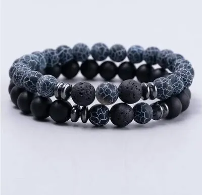 2pcs Set Mens Black Blue Beaded Stone Wristband Bangle Bracelet Cuff Birthday • £4.99