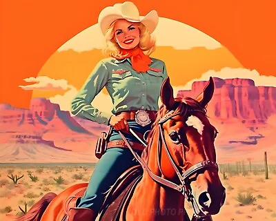 Blonde Cowgirl Riding Horse 1960's Poster Western Old West Giclée Art Print 8x10 • $7.99