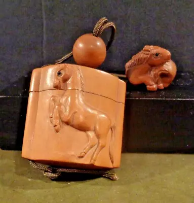 Vintage Japanese Inro Netsuke Horse Signed Boxwood W/ Carved Horse Ojime Meiji • £159.09