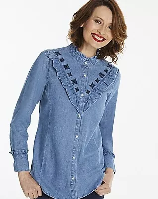Denim Look Embroidered Frill Yoke Shirt  Mid Blue UK 20 • £4.99