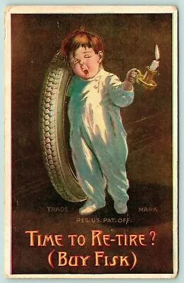 Axtell Kansas~JW Kerr Advertising~Time To Re-Tire? Buy Fisk~Boy W/ Candle~1914 • $23
