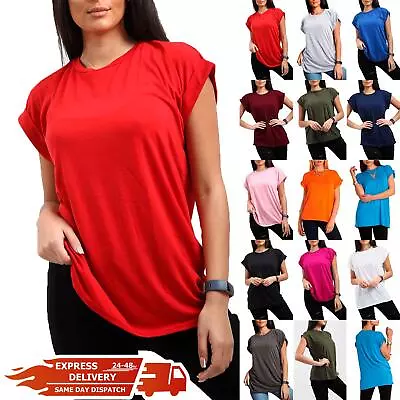 Womens Plain Baggy Oversized Tee Top Ladies Short Turn Up Cap Sleeve T Shirt • £4.99