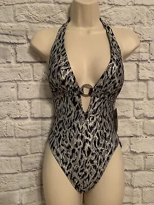 Michael Kors Frozen Chain-Ring Halter One-Piece Swimsuit Snow Leopard Gray #0042 • $60