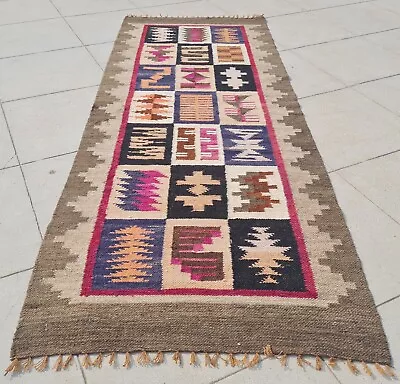 Authentic Hand Knotted Vintage Iraqi Flat Weave Kilim Wool Area Rug 4.8 X 1.9 Ft • $5.50