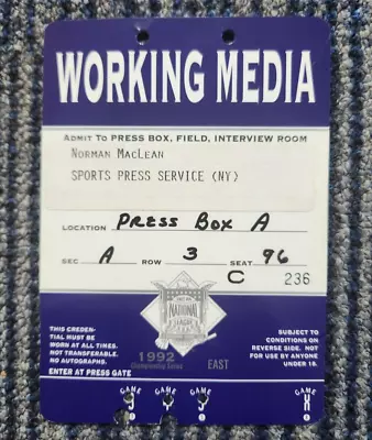 1992 NLCS WORKING MEDIA PRESS PASS TICKET Atlanta Braves Vs Pittsburgh Pirates • $19.91