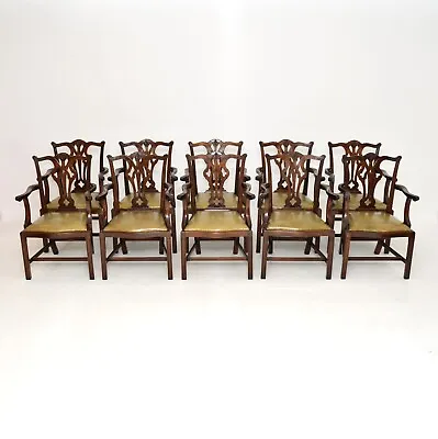 Set Of 10 Antique Mahogany Chippendale Style Carver Dining Chairs • £3500