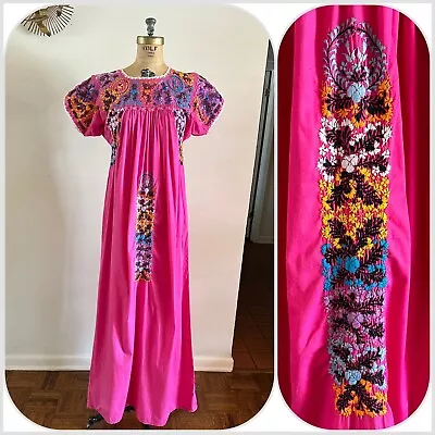 1970s Oaxacan Mexican Huipil Dress Embroidered Floral Boho Maxi Cotton Pink VTG • $120