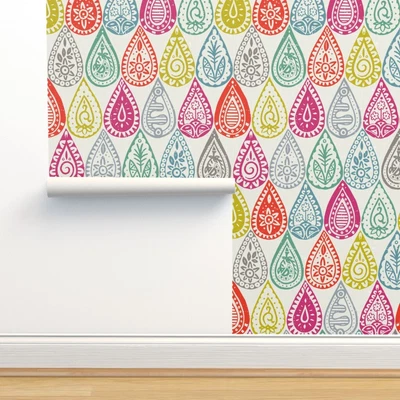 £97.86 • Buy Removable Water-Activated Wallpaper Indian Paisley Teardrop Pink Blue Pattern