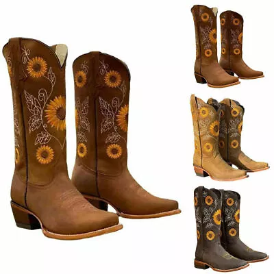 Women Pointed Toe Cowgirl Cowboy Boots Embroidered Mid Calf Floral Western Shoes • £25.90