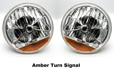 Pair 7  Inch Tri Bar Black Dot Headlights H4 Bulbs W/ Amber Turn Signal Lens • $34.99