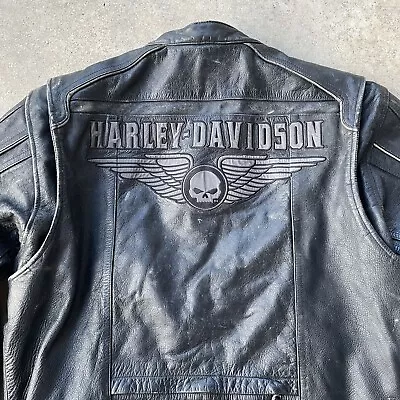 HARLEY DAVIDSON Men’s LARGE Adjustable Vented Distressed Leather Jacket Padded • $339.96