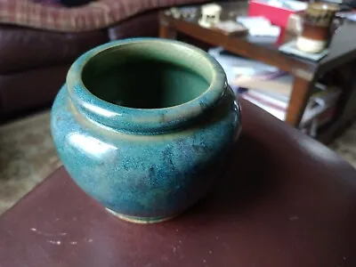 Vintage Studio Pottery Stoneware  Turquoise Art Vase. 8cm Tall Repaired. • £5