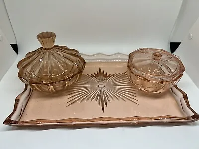 Lovely Vintage Salmon Pink Glass Dressing Table Vanity Tray Candy/trinket Set • $16.99