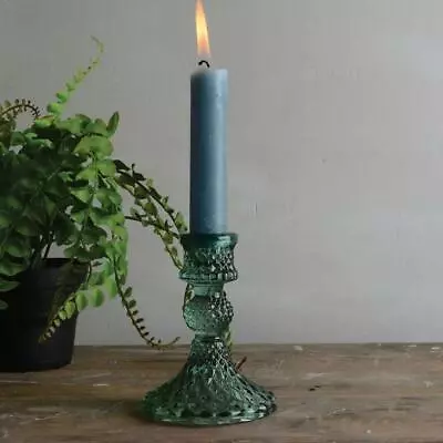Green Glass Harlequin Candlestick Vintage Dinner Taper Candle Holder 8x10cm • £8