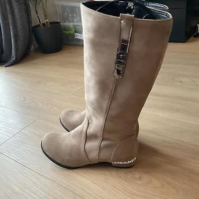 Ladies Size 10 EEE  Eu 45 Tan Faux  Suede Knee High Boots  Silver Detail Heel • £35