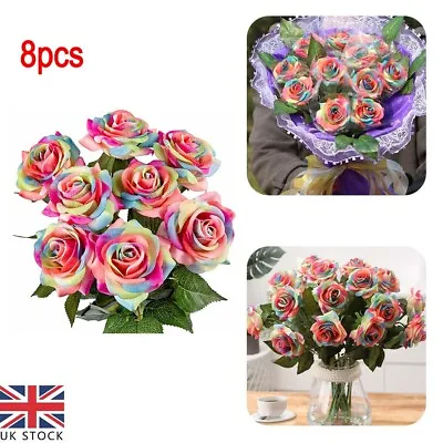 8x Rainbow Artificial Rose Colorful Fake Flower Bouquet Wedding Party Decoration • £11.99