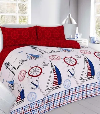 Blue Red Boats Sailor Nautical Duvet Quilt Cover And Pillowcase Bedding Sets • £12.95