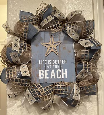 FARMHOUSE BEACH Wreath ⭐ BURLAP Deco Mesh 22 X 22  LIFE IS BETTER AT THE BEACH  • $45.47