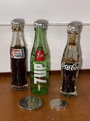 $9.99 • Buy Mini Miniature Glass Full Soda 7up And Pepsi Coca Cola Bottle 3 