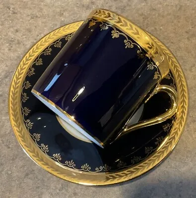 FM LIMOGES :: Vintage DEMITASSE CUP & SAUCER SET Cobalt Blue & Gold Gilt FRANCE • $49.99