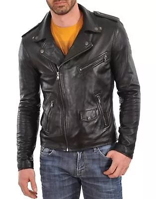 New Leather Jacket Mens Biker Motorcycle Real Leather Coat Slim Fit Black #1285 • $118