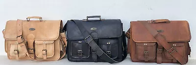 Men's Vintage Brown Black White Leather Messenger Shoulder Laptop Bag Briefcase • $52.34