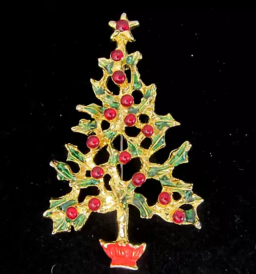 Vintage Holly & Berry Christmas Tree Brooch Gold Tone Metal & Enamel • $15.29