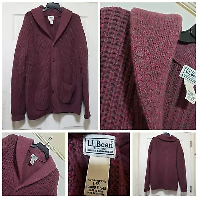 LL Bean Sweater Mens Large Burgundy Lambs Wool Shawl Ribbed Knit Cardigan Cozy • $48.88