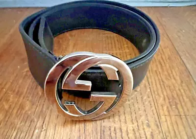 Authentic Gucci Black Leather Silver Interlocking G Buckle Belt Size 90/36 • $159