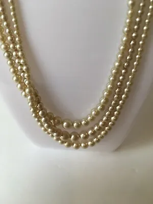 Vintage 50’s 3 Strand Choker Champagne Faux Pearl Necklace W Sterling Clasp • $17.07