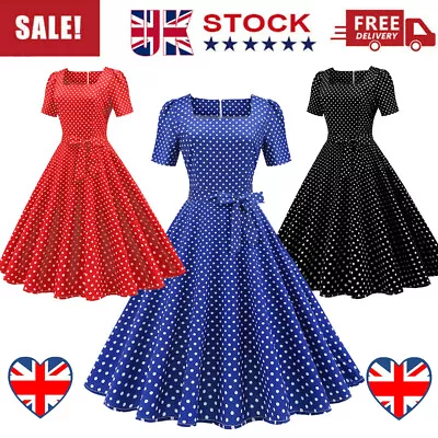£16.04 • Buy UK Women Retro 50s 60s A-line Polka Dot Bows Belt Party Cocktail Housewife Dress