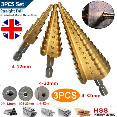 3Pcs Large HSS Steel Step Cone Drill Titanium Bit Set Hole Cutter 4-12/20/32 Mm • £7.99